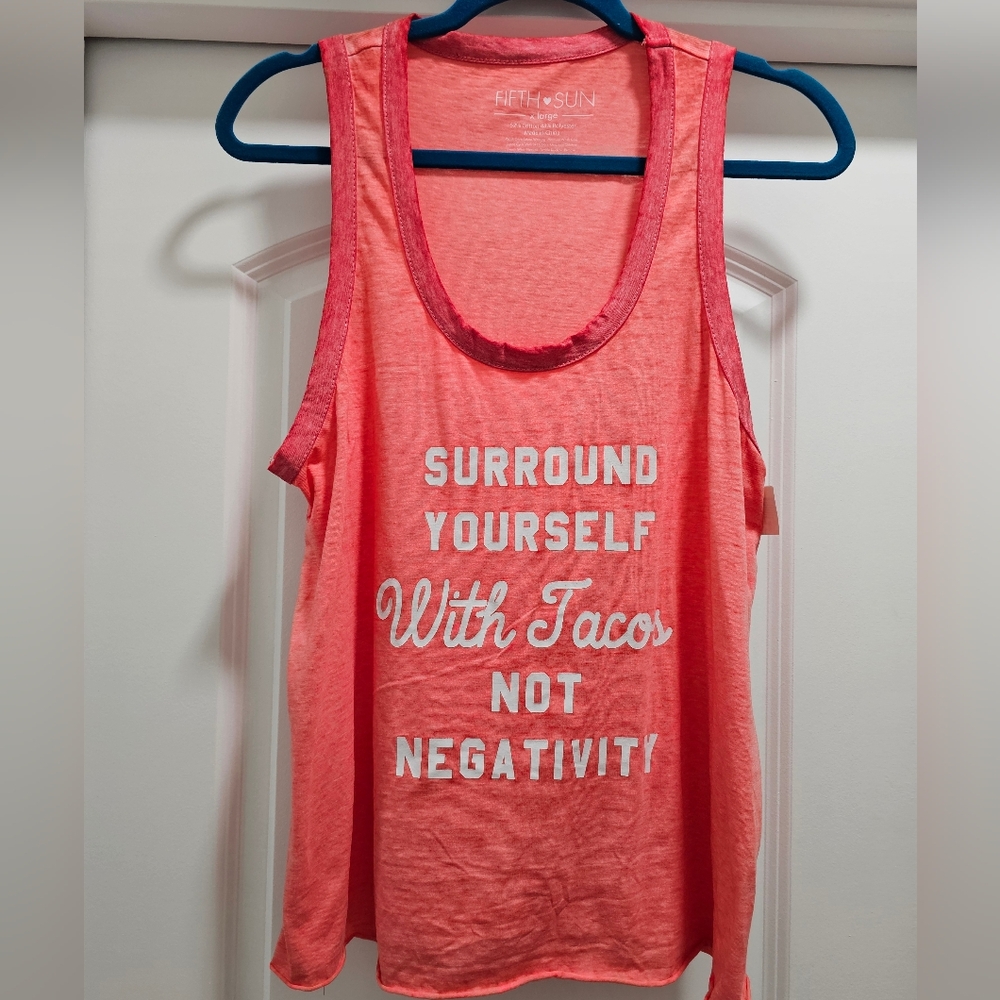 Fifth Sun Coral Pink Graphic Tank Top - "Surround Yourself With Tacos" XL